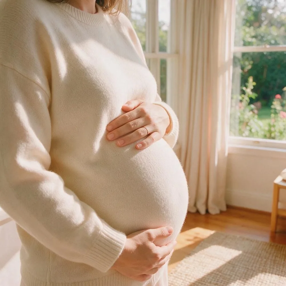 Gestante na reta final da gravidez com as mãos na barriga